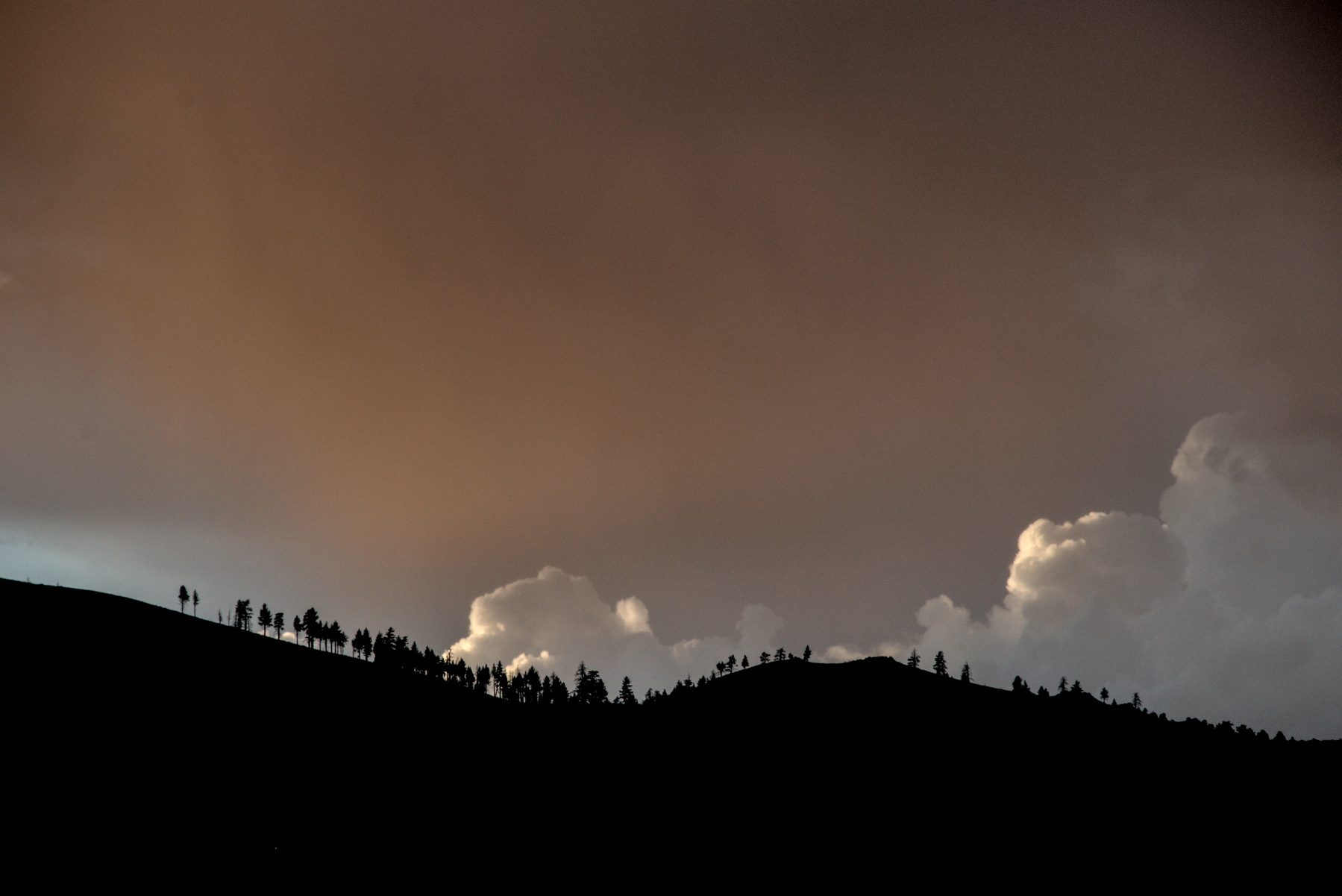 Blue sky and white puffy cloud are visible between cloud cover and a mountain ridge with pine trees in silhouette.