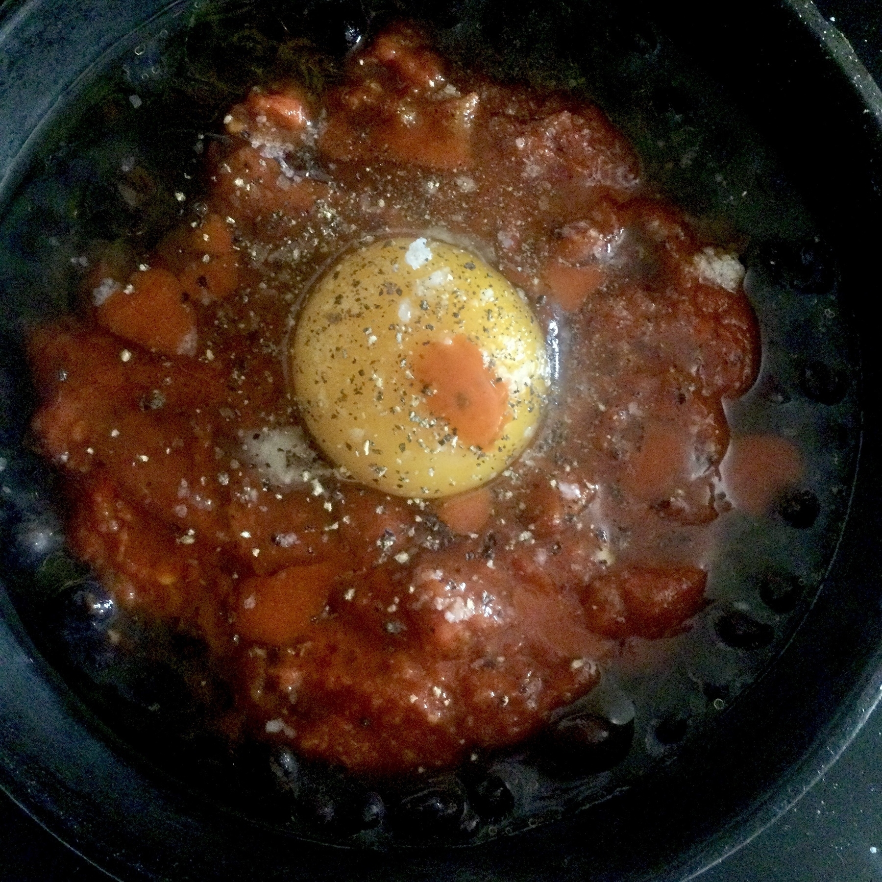 Cast iron pan, black beans, tomato sauce, an egg, and hot sauce.