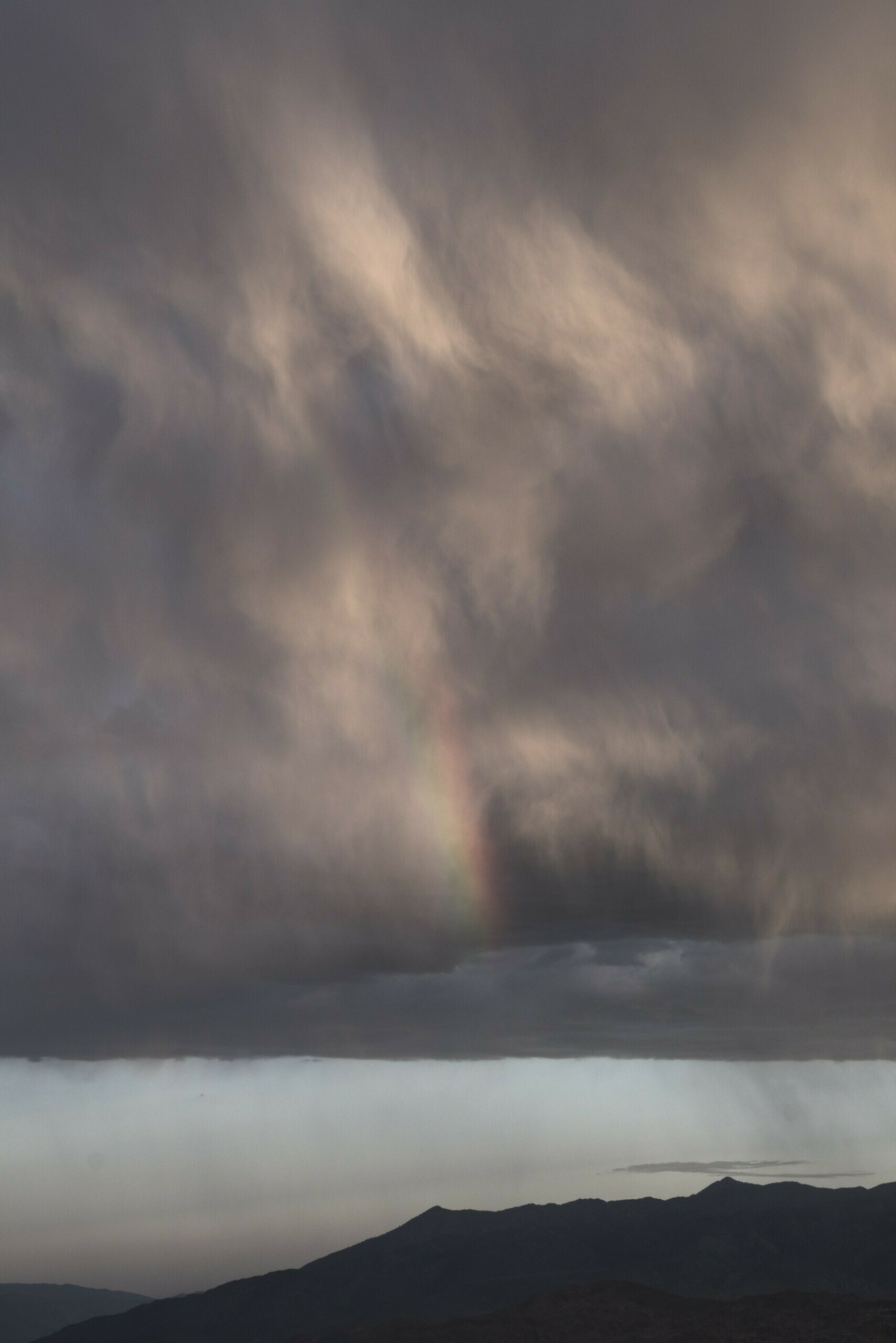 Low sunlight highlights bits of a bank of storm clouds.
