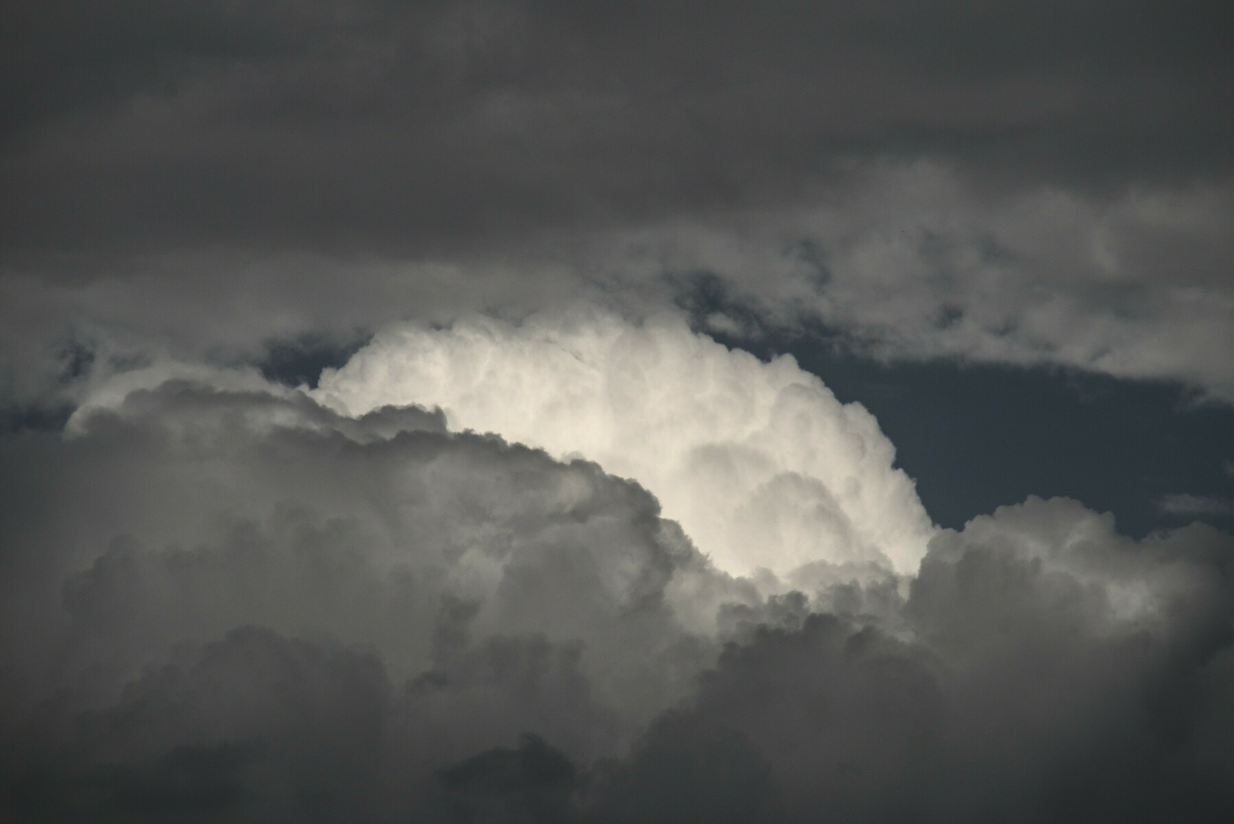 A cloud shaped like a fluffy white ball peeks out from a hole in a  bank of grey clouds.
