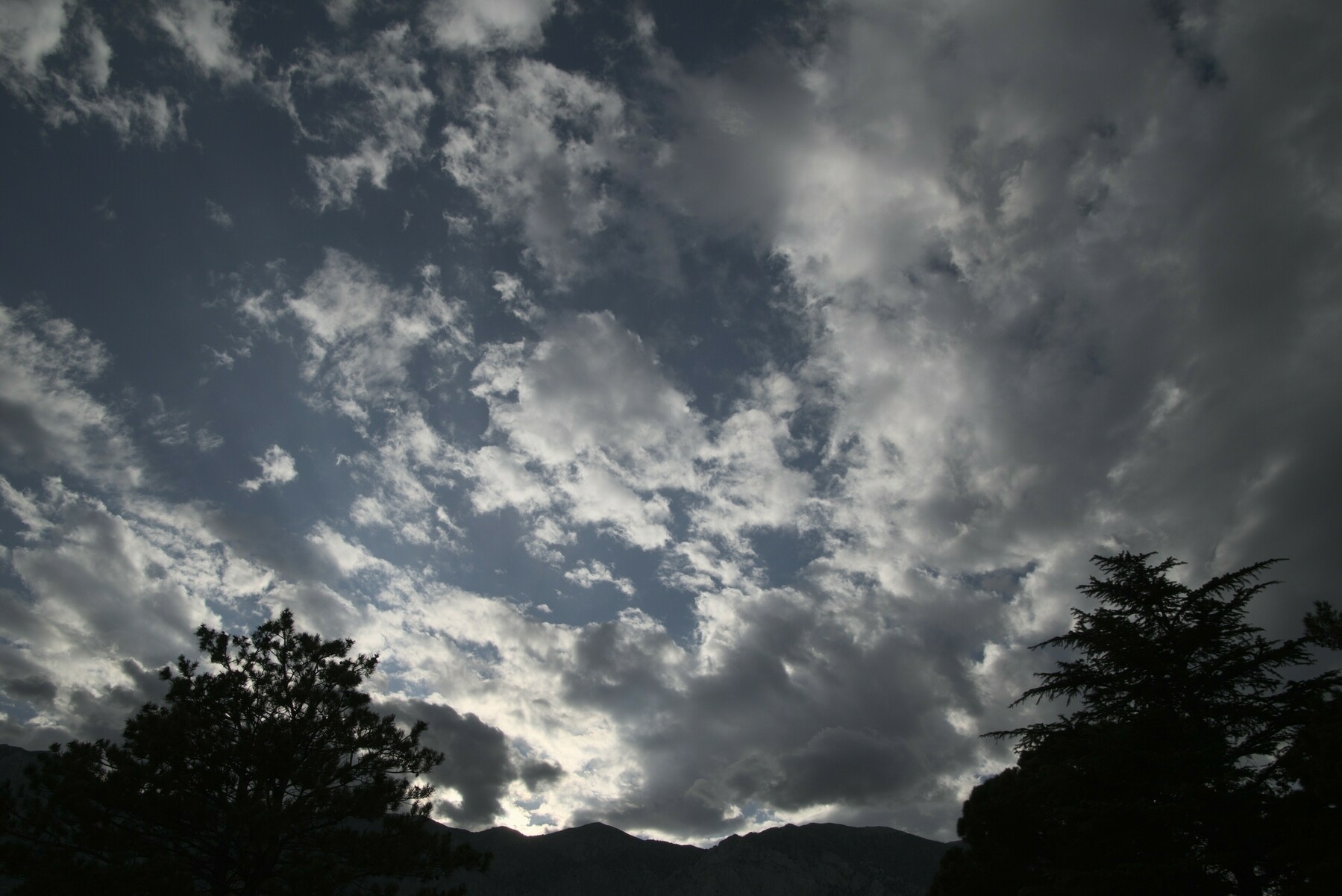 Cumulonimbus clouds scattered around blue sky, back lit by the setting sun.