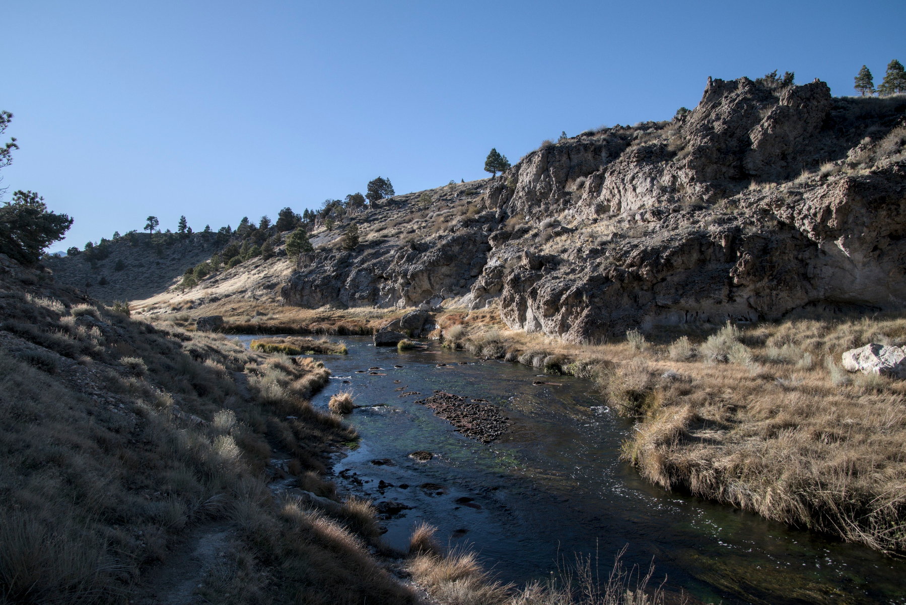 A stream runs through a rocky canyon.