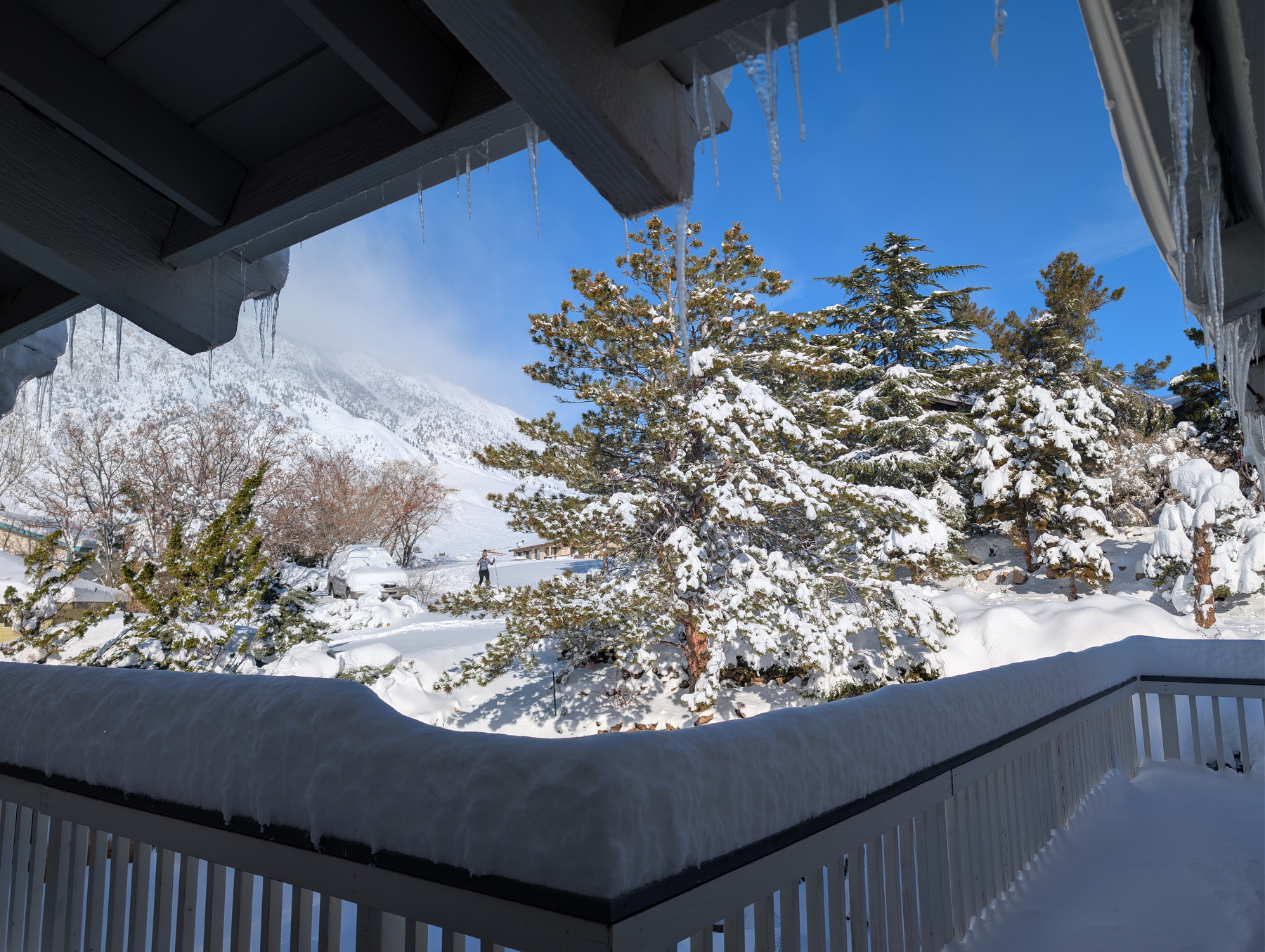 A snowy yard, with a foot of snow piled on a railing, blue skies beyond.